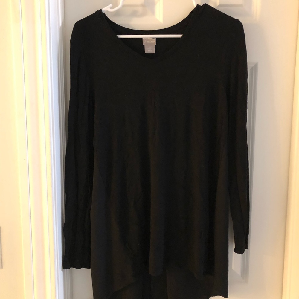 2/$30 Chico’s Black Tunic Top Mixed Media Pleated Back High Low Hem Sz 0 (S) - Picture 2 of 10